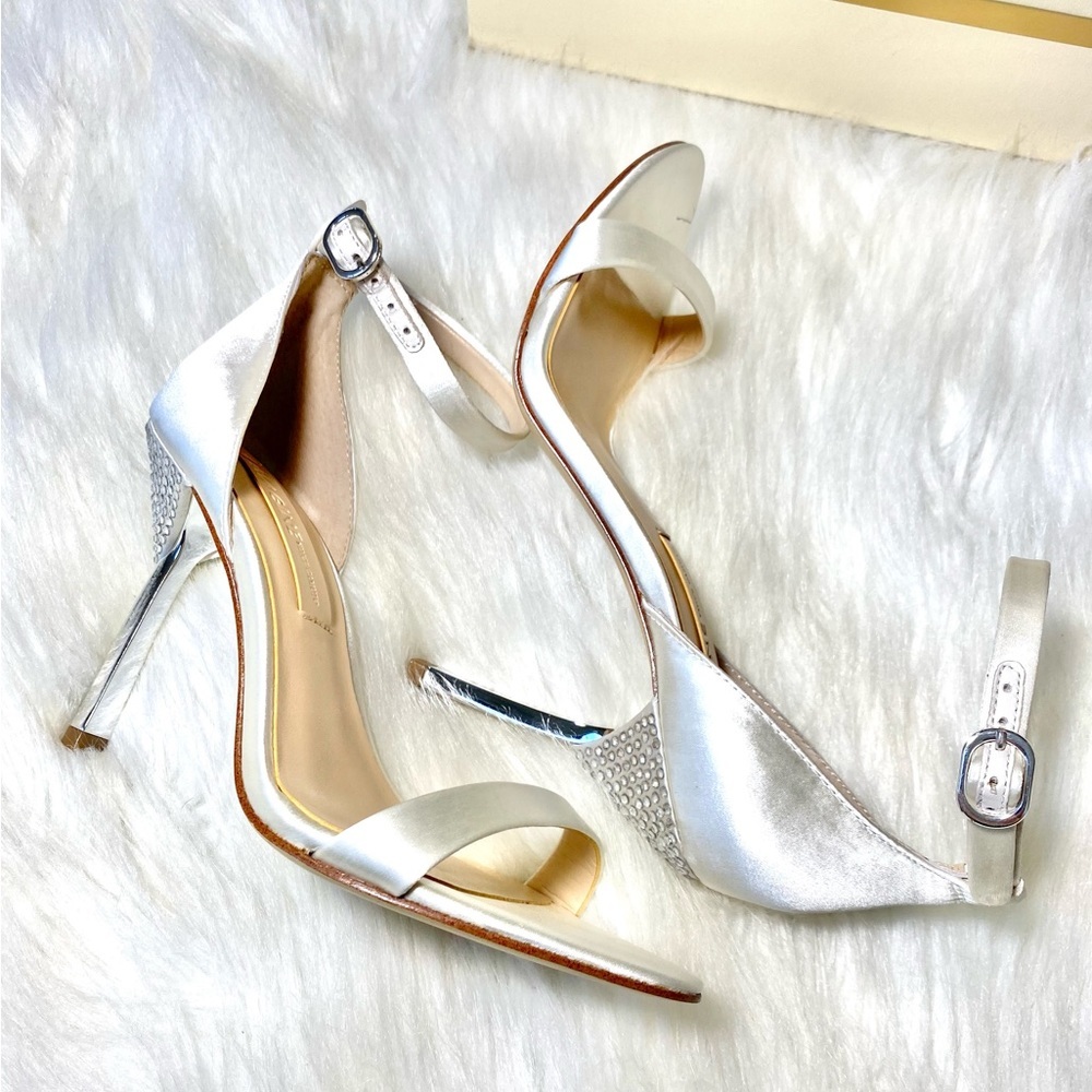 Vince Camuto Heels Wedding Diamond Embellished Ankle Strap Satin Formal Open Toe - Picture 2 of 12